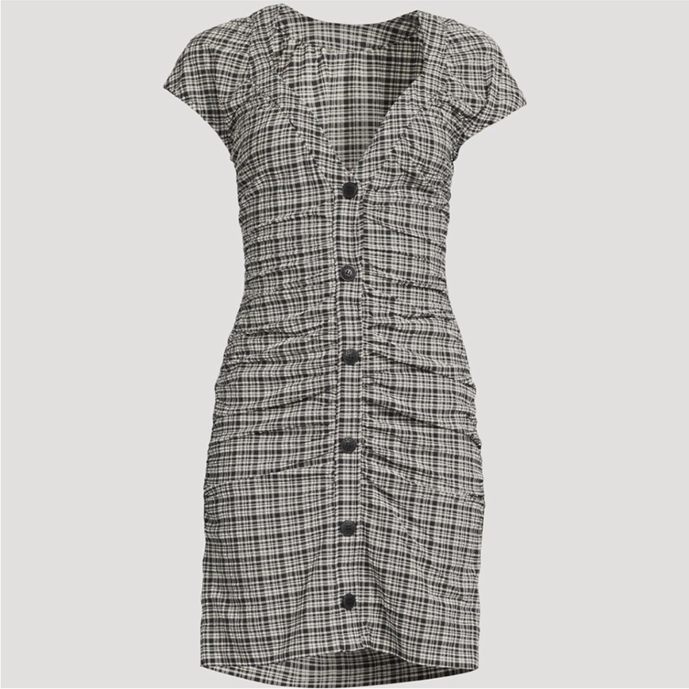 Ganni Ruched Seersucker Mini Dress In Plaid Print SZ 38/6 212 - Picture 7 of 11